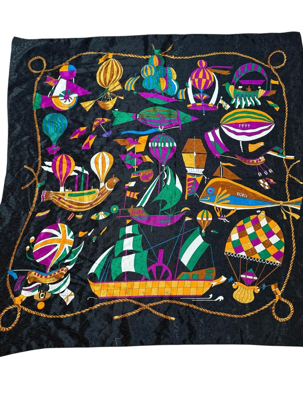 VTG 90s Scarf Square Colorful Transportation Polyester Korea